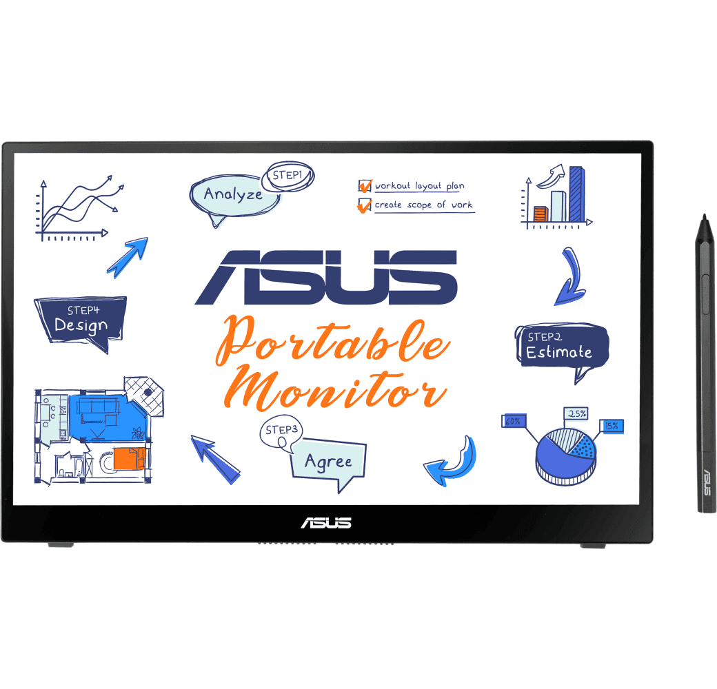 Black ASUS ZenScreen Ink MB14AHD - 14 Inch Portable USB Touch Monitor, Type-C, Micro HDMI, Auto Rotation, Lightweight , Kickstand, Tripod Base - IPS Panel.1