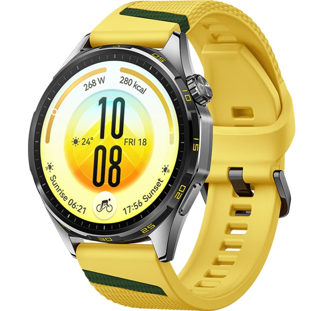 Gelb Huawei WATCH GT 7 Smartwatch, Edelstahl-Frontgehäuse, schwarze Kunststoffrückseite, 46 mm.1