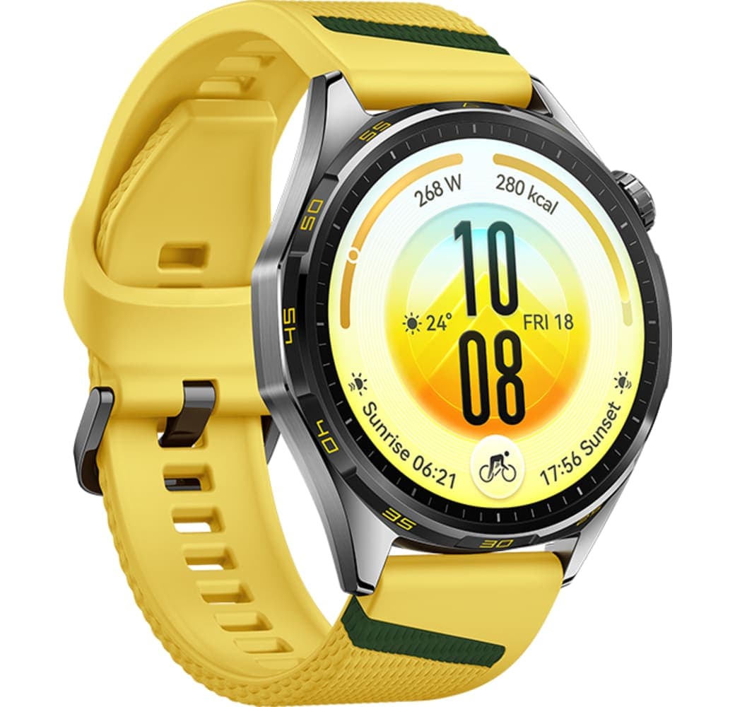 Gelb Huawei WATCH GT 7 Smartwatch, Edelstahl-Frontgehäuse, schwarze Kunststoffrückseite, 46 mm.3
