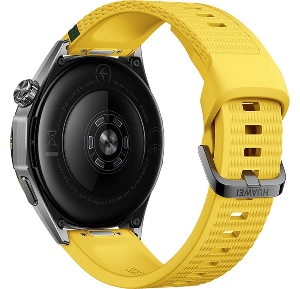 Gelb Huawei WATCH GT 7 Smartwatch, Edelstahl-Frontgehäuse, schwarze Kunststoffrückseite, 46 mm.4