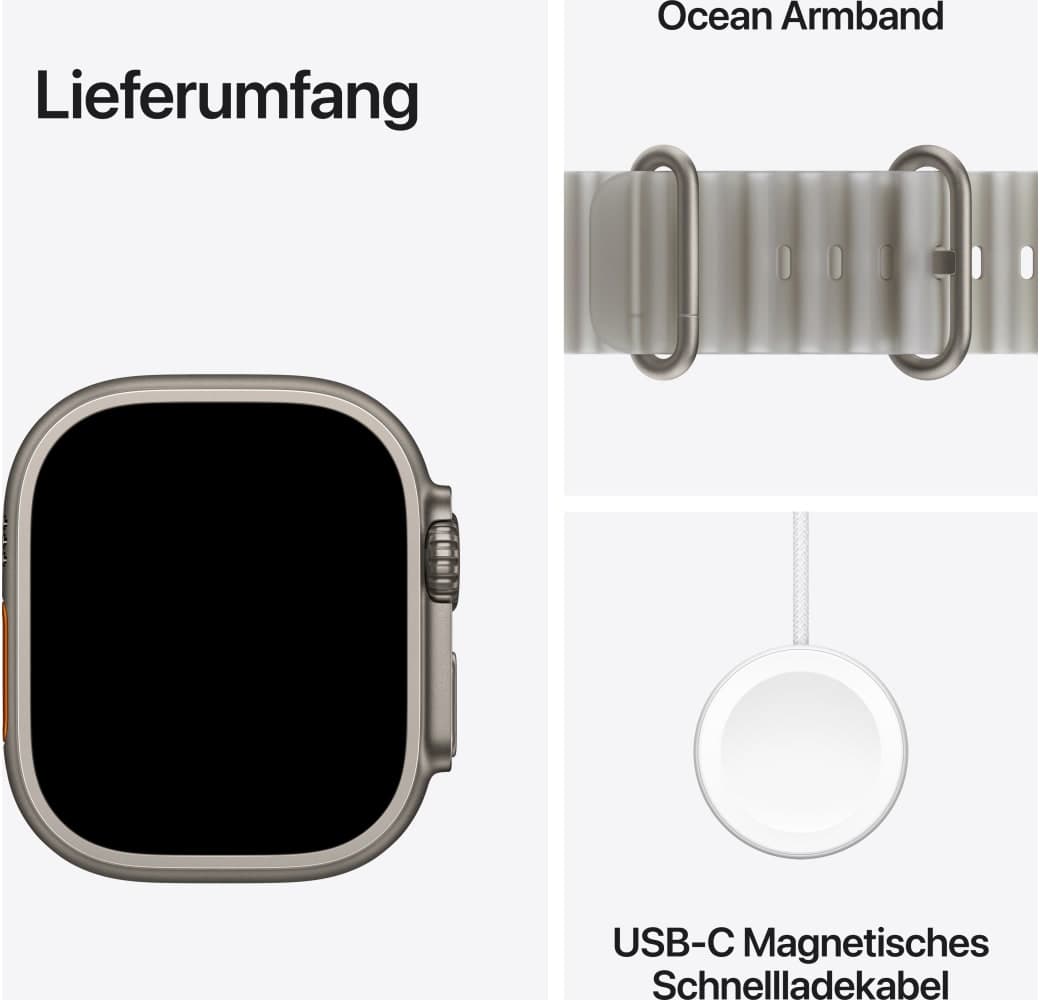 Durchscheinendes Grau Apple Ultra 4 GPS + Cellular, Titangehäuse, Ocean-Armband, 49 mm.3
