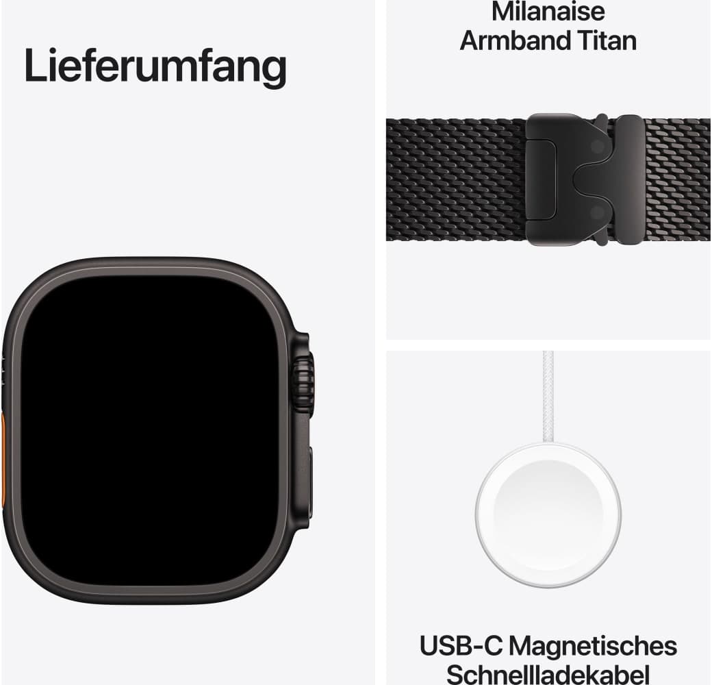 Schwarz Apple Ultra 4 GPS + Cellular, Titangehäuse, Milanaise-Armband L, 49 mm.3