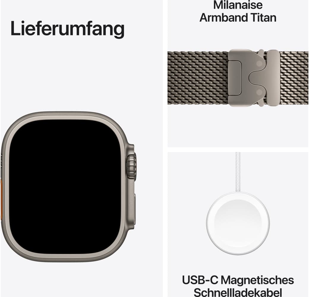 Natürlich Apple Ultra 4 GPS + Cellular, Titangehäuse, Milanaise-Armband L, 49 mm.3